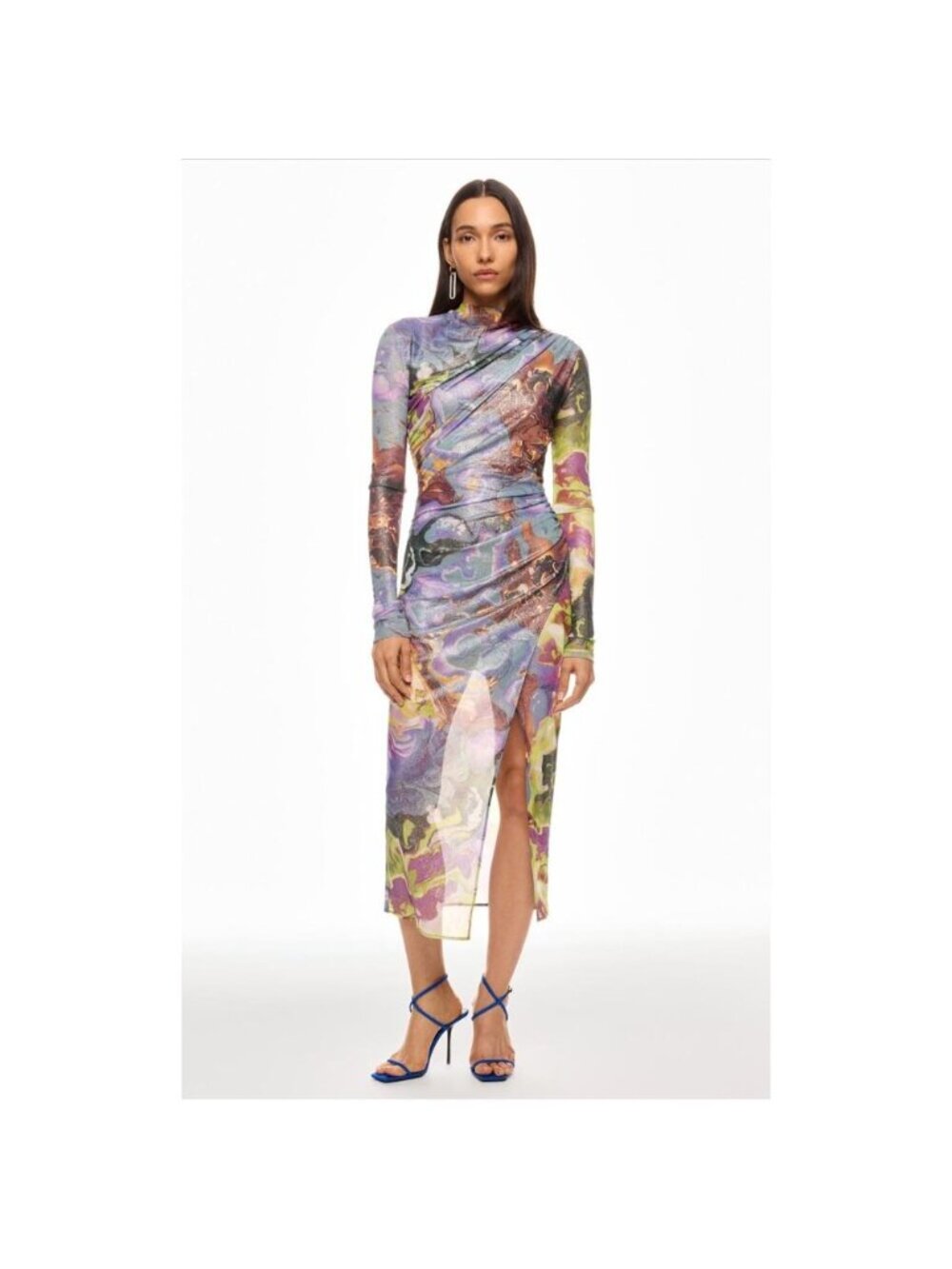 LAPOINTE Multicolor Abstract Print Long Sleeve Ruched Mesh Maxi Dress M